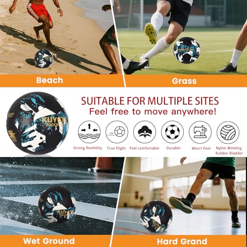 KUYOTQ Soccer Ball, Machine Stitched PU/TPU Leather Soccer Ball Match & Training for Kids Youth Adult, Professional Construction for Durable in and Outdoor Use with Superior Touch