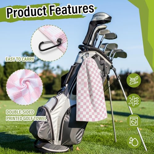 Liliful Pink and White Checkered Golf Towel Pink Cleaner Water Brush Set, Microfiber Waffle Towel Golf Accessories Kit Club Supplies for Birthday Valentine's Day Women Ladies Gifts