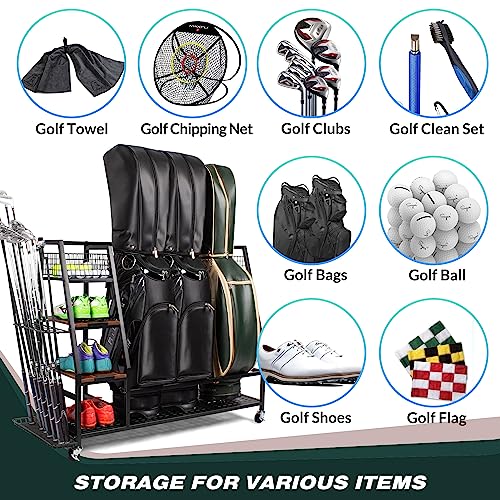 Sttoraboks Golf Bags Storage Garage Organizer, Golf Bag Rack Fits 2/3 Golf Bags and Golf Equipment Accessories, Golf Club Storage Stand with Wooden Shelf and Lockable Wheels for Garage Indoor Basement - style: 3pcs Bag Stand