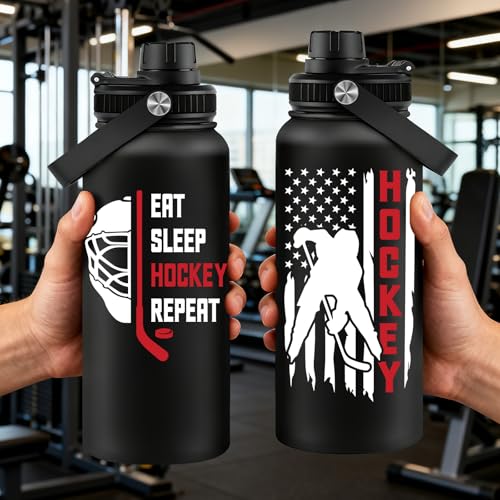 Fufandi Hockey Gifts for Men - Hockey Mom Gifts, Gift Hockey Player for Men Boy - Hockey Lover Sports Love Travel Water Bottle 32oz - color: Hockey Black