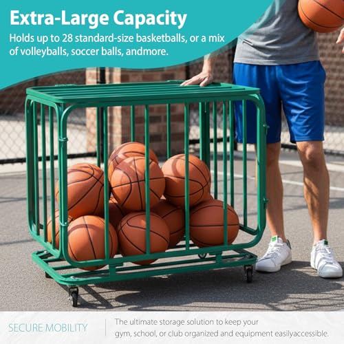Basketball Or Volleyball Storage Ball Cart with Wheels & Lid Rolling Sports Ball Cart for Gyms Schools Clubs Indoor and Outdoor