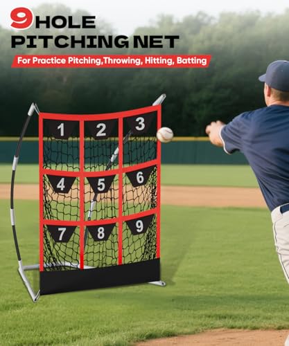 Queension 9 Hole Pitching Target Net with Strike Zone, Baseball Batting Net with Target Pockets, Pitching Net with Ground Stakes and Sandbags for Baseball Training - color: White