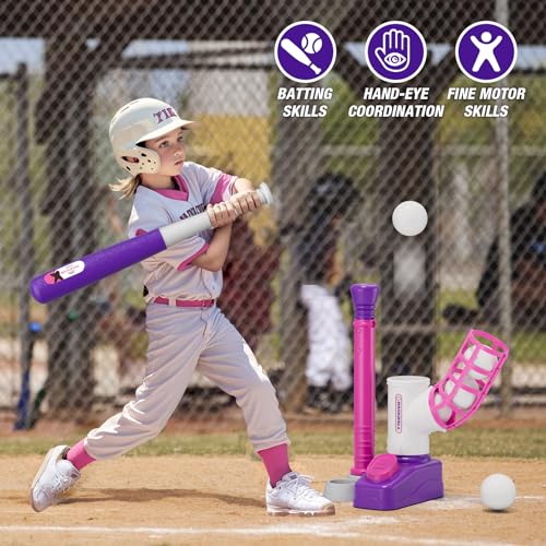 HYES Tball Set for Toddlers 3-5, Tee Ball Set with Step on Pitching Machine/Adjustable Batting Tee/Retractable Baseball Bat/8 Pop Up Balls, Outdoor Sport Toy Games for Kids Girls