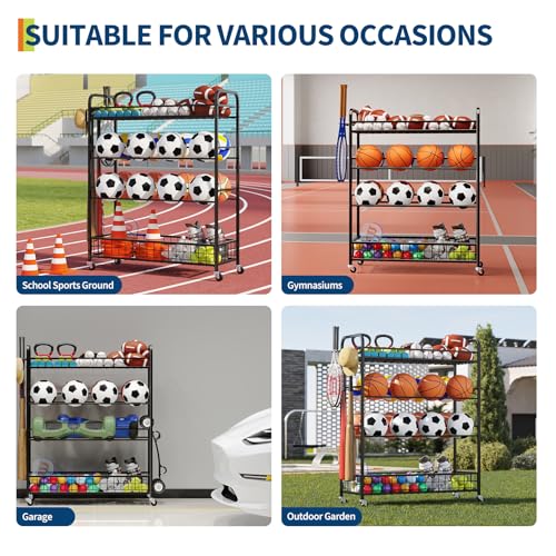GarveeLife Garage Sports Equipment Organizer - Rolling Ball Storage Bin with Wheels, Garage Sports Gear Rack Outdoor Basketball Racks for Balls with Baseball Bat Holder and Hooks, Toy Organizer
