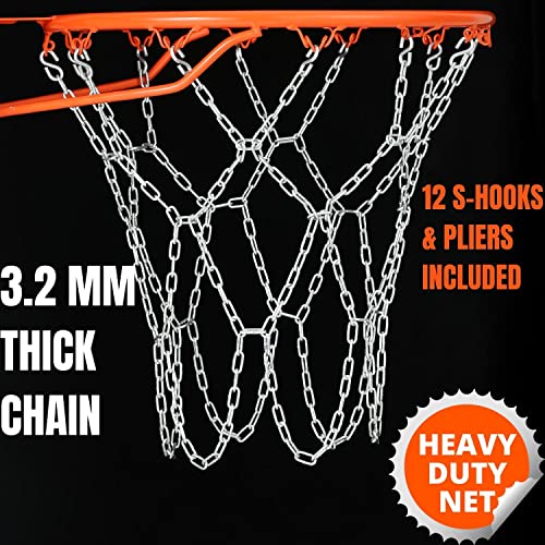 Basketball Net Heavy Duty Metal Chain Replacement with 12 S-Hooks and Set of Pliers to Tighten Hooks | Rustproof Galvanized Iron 21-Inch (53 cm) Net (2.5)