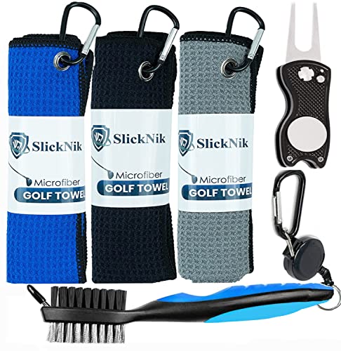 Golf Towel Pack - 3 Microfiber Waffle Pattern Golf Towels Including Golf Club Brush and Groove Cleaner Divot Repair Tool - color: Blue