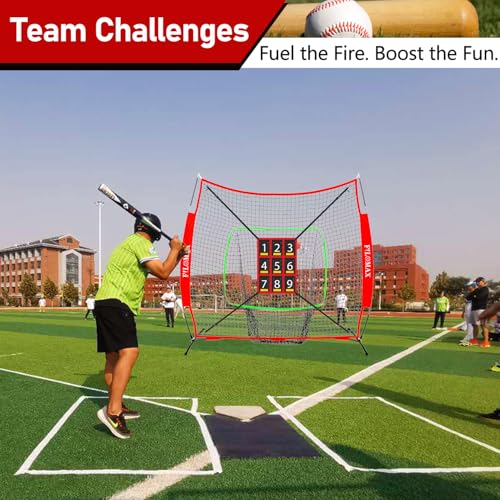 7x7 ft Baseball & Softball Practice Net with 9 Numbered Strike Zone | PRO Training Net for Hitting, Pitching & Batting | with Carry Bag, Bow Frame for All Ages & Skills - color: red