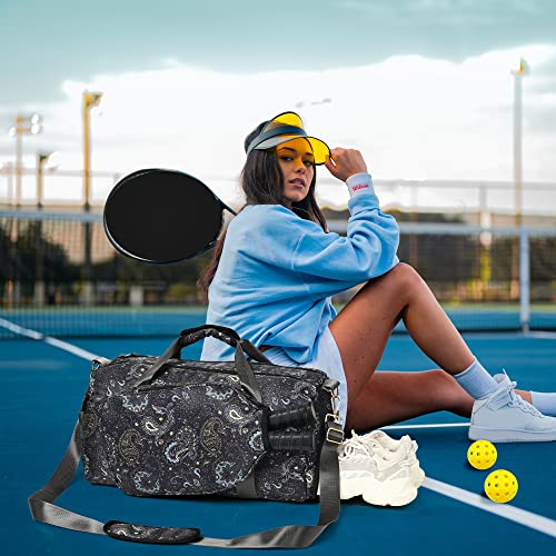 Boulder Bee Pickleball Bags, Premium Pickleball Tote Bag for Girls, Women’s Hand/Shoulder Gym Bag w Water Bottle Holder, with Pickleball Racquet/Paddle Holder - color: Duffel Bag-Brown cashew flower