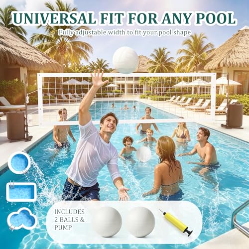 Pool Volleyball Net Set, No Drilling Base Free with Dual 25L Water Bags for Stability,Includes Heavy Duty Anti-Sag & 2 Volleyballs with Pump, for Above Ground & Inground Pools & Swimming Pool Games