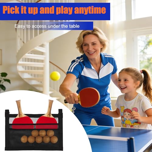 Ping Pong Paddle Holder with Straps, Mesh Under Table Ping Pong Organizer Hanging Pickleball Holder Table Tennis Accessories for Racket Ball Storage Organization