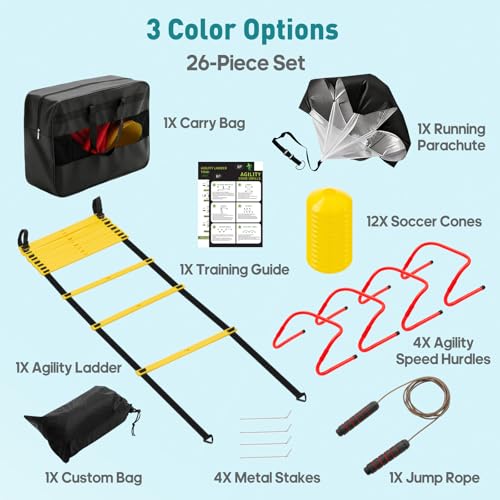 OLIXIS Agility Speed Training Equipment, 20 ft Speed Ladder, 12 Soccer Cones, 4 Agility Hurdles, Jump Rope, Resistance Parachute with Carry Bag, Training Equipment Set for Kids, Youth, Adults,Yellow
