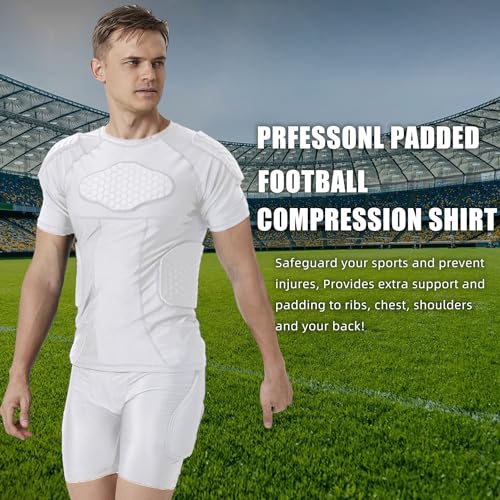 Mens Padded Compression Shirt Football Rib Protectors 6-Football Pads Chest Protector Padded Shirt Protective Gear for Football Baseball Basketball - size: X-Large, style: White