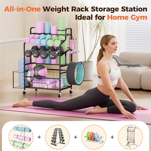 HavenlyYouth Dumbbell Rack, Home Gym Weight Rack Storage, Adjustable Dumbbell Stand Organizer with Wheels, Holds Dumbbells, Kettlebells, Yoga Mats - size: 39.8"