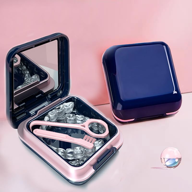 Retainer Case,Cute Mouthguard Case with Mirror,Slim Night Mouth Guard Case with Lid Hinge,Aligner Case,Inner Size 2.56, 2.36, 0.79inch, Blue