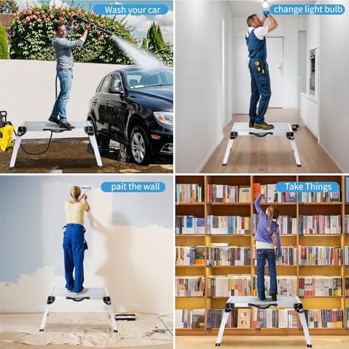 LEADALLWAY Aluminum Work Platform Step Ladder with Handle Heavy Duty Foldable Step Stool 330 Lbs Capacity Silver