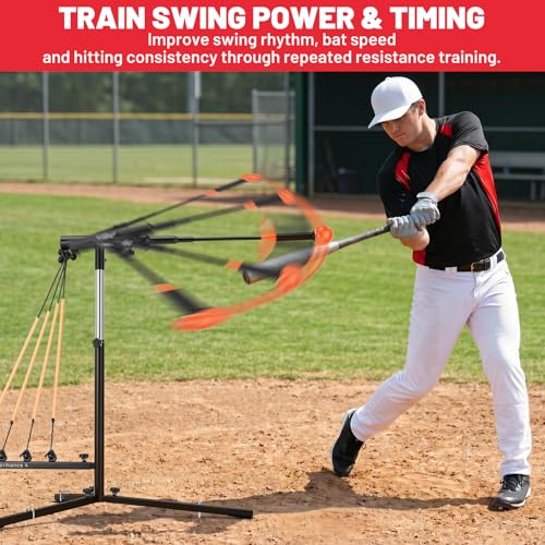 Baseball Softball Swing Trainer with Tripod Base, Adjustable Height Batting Trainer for Solo Hitting Practice, Auto-Return Trainer with 4 Elastic Ropes, Ground Pegs & Carry Bag