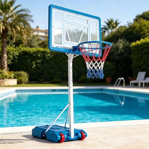 Goplus Pool Basketball Hoop, Poolside 3.3/3.6/3.9FT Adjustable Height Basketball Goal with 32" Shatterproof Backboard, Fillable Base, Wheels, Portable Pool Hoop for Outdoor