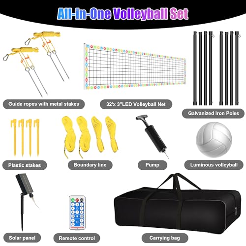 LED Volleyball Net Outdoor, Professional Light Up Volleyball Net with Solar Rope Light, 32x3ft Portable Heavy Duty Volleybal Net Set with Glow in The Dark Volleyball & Carry Bag for Backyard, Beach