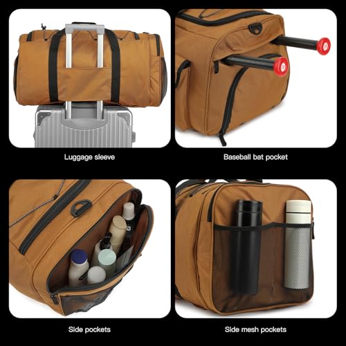 Large Baseball Duffle Bag Softball Backpack for Adult & Youth, 65L Spors Gym Duffel Equipment Bag with Shoe Compartment and Bat Holder, Catchers Gear Bag Fits Batting Mitten, Tball Gear, Helmet - color: Brown