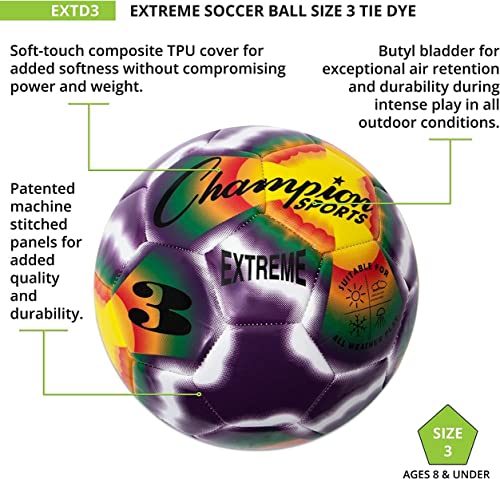 Champion Sports Extreme Tie-Dye Soccer Ball – Durable All-Weather Soccer Ball for Kids, Youth & Adults – Sizes 3, 4, 5 - size: Size 3