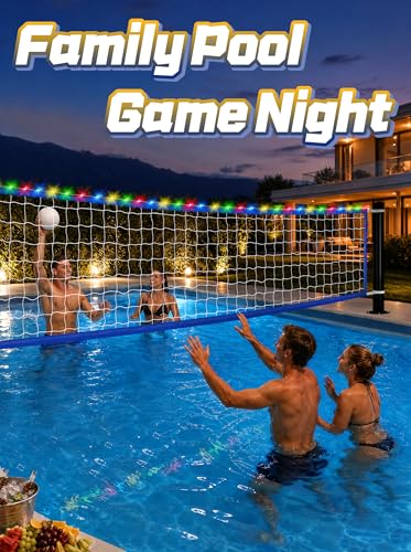 15 x 3 FT LED Pool Volleyball Net Replacement - Adjustable Strap Length 15-31 Ft for Inground Pools, Light Up Water Volleyball Net for Teens/Adults/Family Pool Backyard Party Game