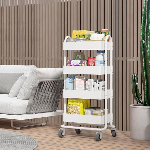 4 Tier Metal Rolling Cart with Wheels,4 Tier Utility Cart with Wheels for Office,Home,Kitchen,Garden๏ผ13.4"x18.1"x40"๏ผ White - color: White, size: 40"H