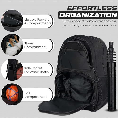 Soccer & Basketball Sports Bag with Ball Pump - Basketball Backpack with Separate Ball & Shoes Holder Compartment, Soccer Basketball Football & Volleyball Bag with Large Capacity - color: Black, style: With Ball Pump