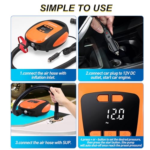 kosmegal Paddle Board Pump Electric Portable, SUP Pump for Paddleboard, 20PSI Air Compressor with Auto-Off, Deflation Function and 12V DC Car Connector for Inflatables, Kayaks and Boats