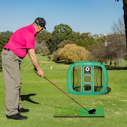 Pop Up Golf Chipping Net, Indoor/Outdoor Golfing Target Net Collapsible Portable Golf Hitting Net with 15 Training Balls and 2 Hitting Mats for Backyard Driving and Swing