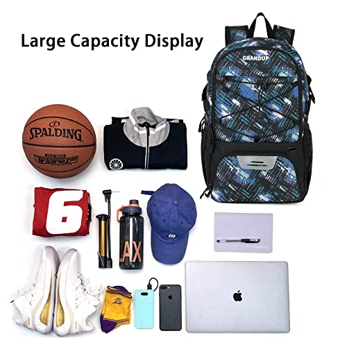 GRANDUP Basketball backpack with ball and shoes compartment Fit Volleyball, soccer, Swim, Gym, Travel, and School, large capacity sports training equipment bags - color: blue art