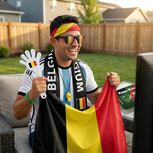 Soccer Fan Gear Set 2026-7 Piece Game Day Kit with Flag, Scarf, Glasses, Whistle, Clapper, Wristband & Headband in Gift Box - Watch Party & Stadium Essentials for for Belgium - color: Belgium