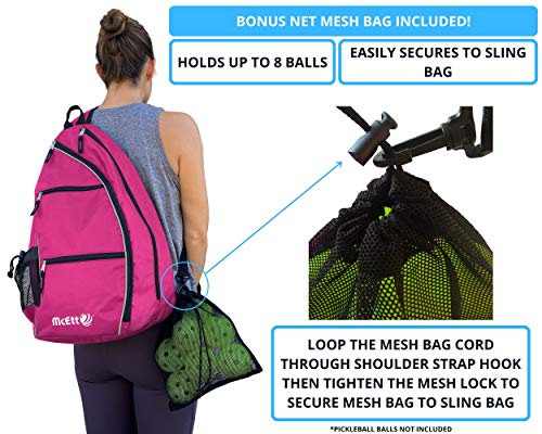 McEtt Pickleball Sling Bag & Mesh Ball Bag – Adjustable Crossbody Backpack for Women Men – Holds Pickleballs, Paddles, Water Bottle, Gear - color: Pink