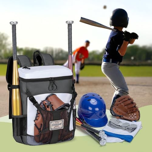 Smasrob Youth Baseball Bag for T Ball, Rec and Travel Ball, Softball Bag with Helmet Holder and Fence Hook - color: Gray