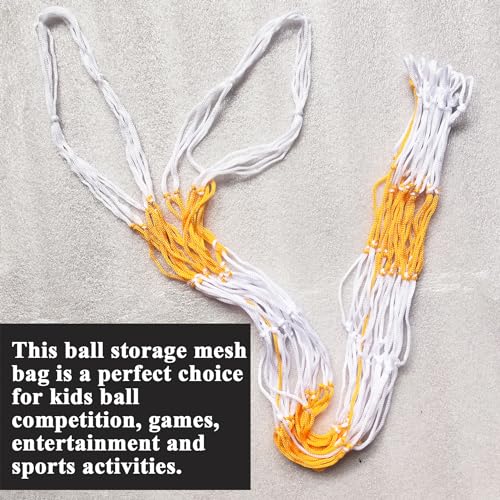 Extra Large Ball Storage Mesh Bag Net for Kids Sports Basketball Football Holding Soccer Volleyball Playground Balls Carrying, Heavy Duty Nylon, 31" Inches Long, Yellow and White