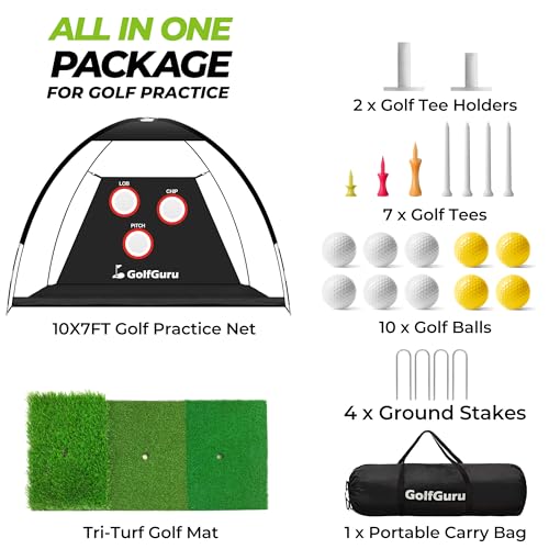 Golfguru All in 1 Golf Practice Net - 10x7ft with Pro Chipping Target, Tri-Turf Mat, 10 Balls, 7 Tees, 2 Rubber Tees, Carry Bag for Backyard Driving Chipping