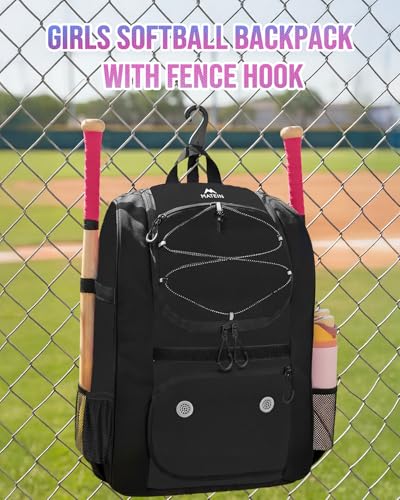 MATEIN Softball Bag, Lightweight Baseball Backpack with Shoe Compartment, Baseball Bag with Fence Hook for TBall Bat & Equipment, Softball Gifts Catchers Backpack for Women Fit Catcher’s Mitt, Helmet - color: Black - Large