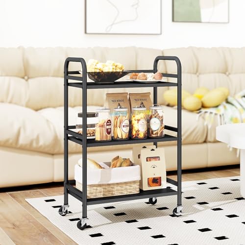 DCLRN 3 Tier Rolling Cart,Storage Organizer Cart,Multifunctional Storage Shelves,Rolling Metal Organization Cart with Handle and Lockable Wheels,for Home,Office,Kitchen,Bathroom(Black)