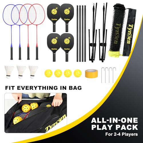 Portable Pickleball Badminton Net Set, 17FT Adjustable Heights All-in-One Net w/4 Pickleball Paddles 4 Badminton Rackets, Freestanding Pickleball Badminton Net for Backyard Driveway