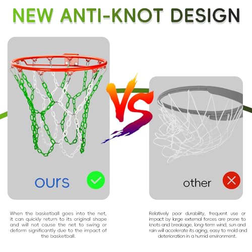 Basketball Net Replacement Heavy Duty,Resin Material, Anti-Rust Use Indoor Outdoor Standard 12-Ring Basketball Hoop - style: Green/White