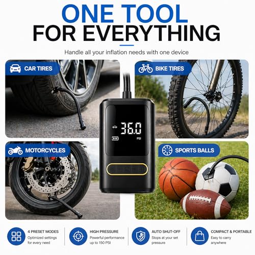 Portable Bike Air Compressor – Mini Electric Tire Pump with Auto Shut-Off, Multi-Valve Compatible, Rechargeable Tire Inflator for Bikes, Cars & E-Bikes