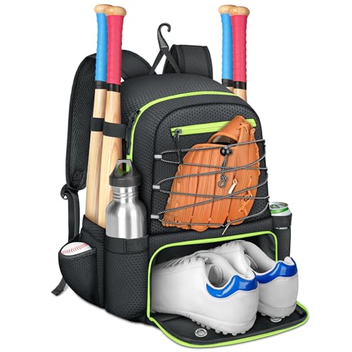 MATEIN Baseball Bat Bag for 4 Bats with Ball Pocket, Lightweight Youth Baseball Backpack with Shoe Compartment, Large Capacity Softball Equipment Bag with Fence Hook for TBall Gear, Helmet, Glove - color: Black
