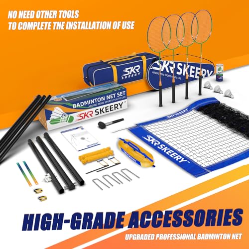 SKEERY Professional Badminton Set with Winch System,Portable Badminton Net includes Carbon Aluminum Badminton Rackets Set of 4,3 Shuttlecocks and Carrying Bag,Badminton Sets for Backyards,Beach - color: Blue