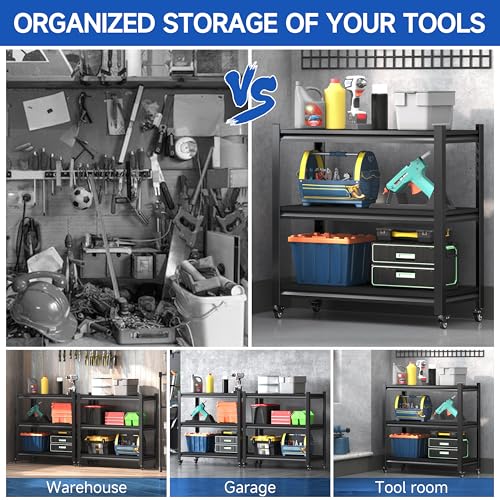 Standing Storage Racks,3 Tier Garage Shelving Heavy Duty Adjustable Garage Shelves,Large Modular Shelving Unit Storage Organizer for Kitchen/Bathroom/Pantry/Office-Assembly Required(Black) - size: 34.2''H-Black
