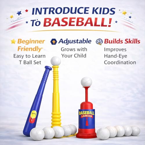T Ball Stand for Kids and Toddlers 1-3, 3-5, 5-8. Baseball Set Includes 6 Large Balls, an Adjustable Tball Batting Tee, and a Pitching Machine. Kids Bat and Ball, T-Ball Sets for Kids