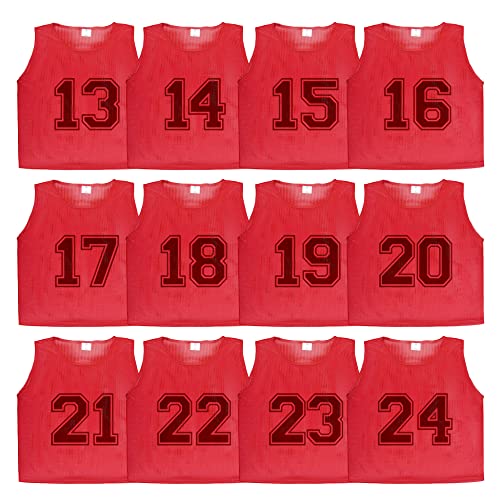 Athllete 12 pcs Duramesh Pinnies/Scrimmage Vest - Kids Youth and Adult Pinnies, Numbered Penny Jerseys for Soccer - color: Red Numbered Front/Back (13-24), size: Medium
