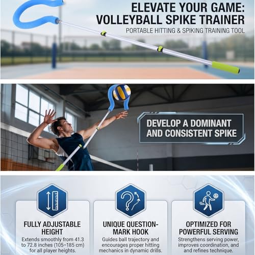 Volleyball Spike Trainer, Adjustable Length 41.3 to 72.8 Inches with Question Hook, Premium Aluminum Alloy PVC Construction for Serving Spiking Training