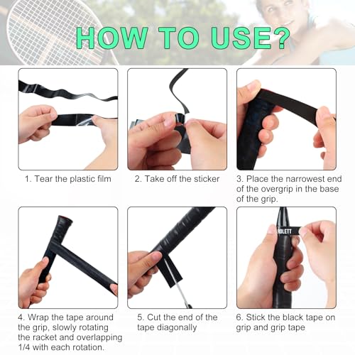 Rolett 12 Pack Tennis Racket Grip Tape, Precut Anti Slip Tennis Grip Tape, Absorbent and Dry Feel Tennis/Pickleball/Badminton Grips Overgrip Tape, Highly Comfortable Overgrip Tennis Racket Tape