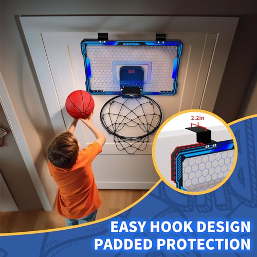 HYES Basketball Hoop Indoor, Mini Basket Ball Hoop with 7 LED Lighting, Scoreboard, Over Door Basketball Hoop with 3 Modes, Volume Adjustable, Foldable, Basketball Toys Gifts for Kids Adults - size: blue- without remote controller