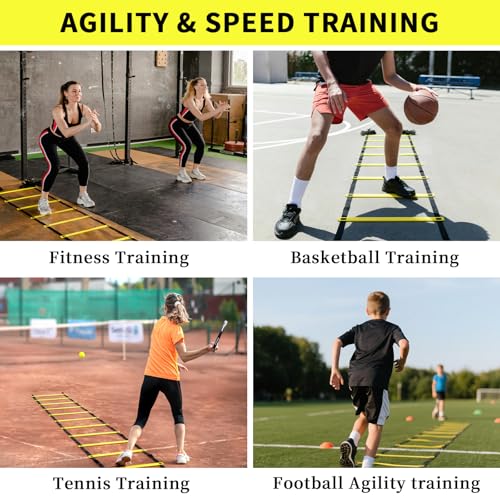 20ft Agility Ladder - Speed Ladder for Soccer with Carry Bag & Straps | 12 Adjustable Rungs | Soccer, Agility Training Equipment | Durable Footwork Ladder for Athletes (Yellow)