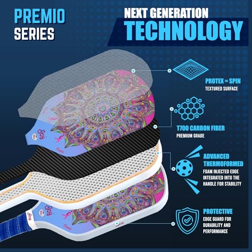 4Joy Pickleball Paddle Premio Series - Thermoformed Premium T700 Carbon Fiber Pickleball Paddless - Professional Pickleball Rackets for Women & Men - 16mm Honeycomb Core - USAP Approved - style: DinkForPink